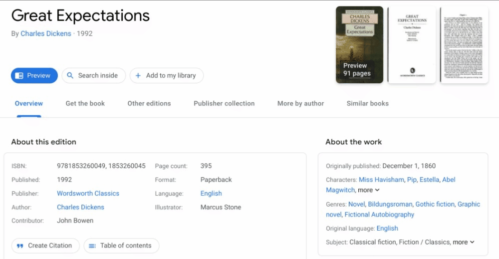An animated gif showing a Google Books page for "Great Expectations." The cursor scrolls down the page and selects the "preview" option.