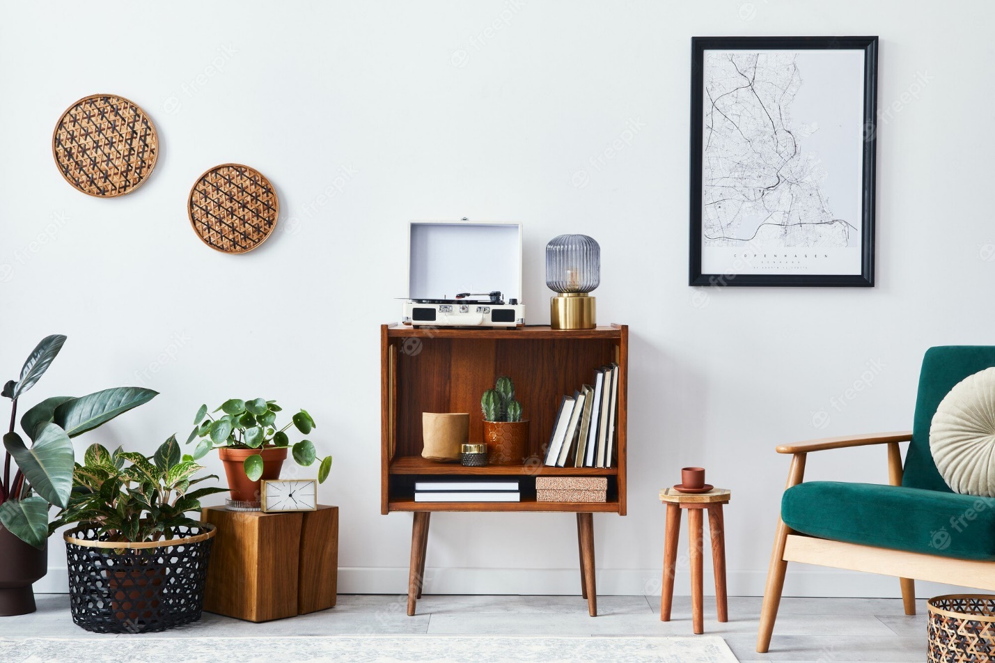 Premium Photo | Stylish interior of living room with design wooden shelf,  velvet sofa, a lot of plants, poster map, vinyl recorder, book and personal  accessories in vintage home decor.