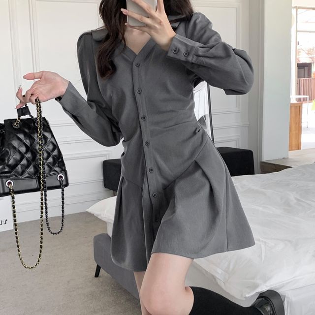 AKANYA - Long-Sleeve Plain Shirt Dress | YesStyle