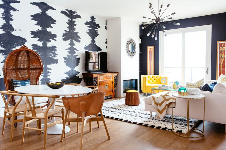 Interior Design by Noz Nozawa | Noz Design | This open concept living + dining room is a glam-eclect… | Open concept living room, Maximalist design, Interior design